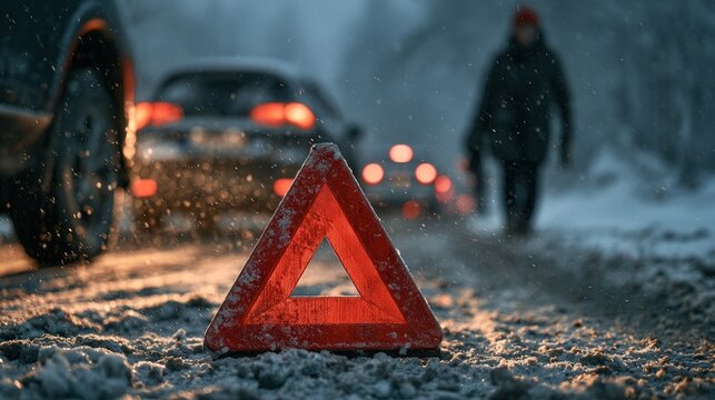 Red reflective triangle hazard warning sign on snowy road with cars in background