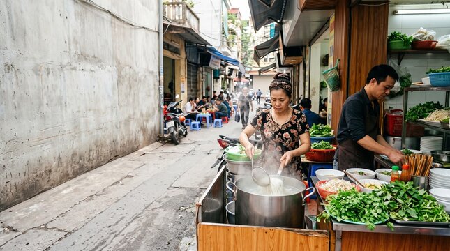 Street Food Vendor in Vietnam: A busy street food stall in a narrow alleyway, where a vendor prepares a steaming bowl of noodles for a customer amidst the vibrant hustle and bustle of daily life.