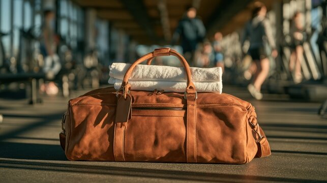 Brown leather duffle bag with stacked white towels in gym