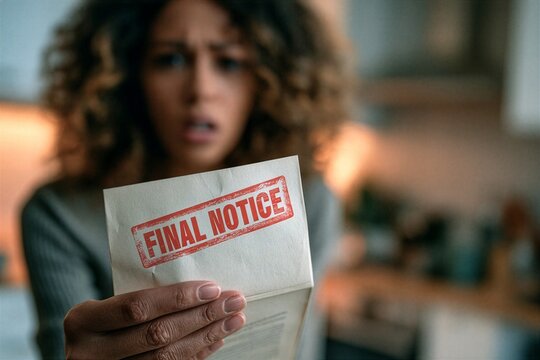 Woman holding final notice letter about bill debt
