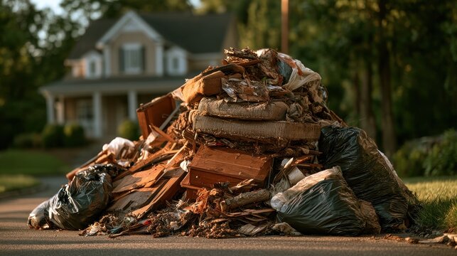 Large pile of household debris and trash bags on suburban street