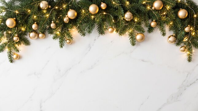 Festive Christmas Pine Garland Decorated With Golden Baubles And Warm Fairy Lights On A Clean White Marble Background Banner