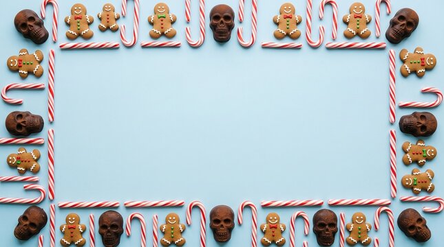 Edible Frame Featuring Christmas Gingerbread Cookies Combined With Dark Chocolate Skulls And Traditional Red Striped Candy Canes