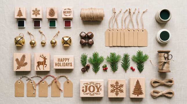 Festive Holiday Crafting Supplies Featuring Wooden Stamps Rustic Gift Tags And Evergreen Foliage For Handmade Christmas Greeting Cards