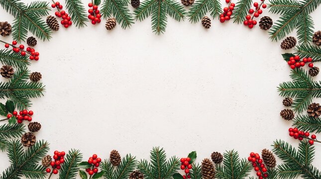 Festive Holiday Frame Decorated With Lush Green Fir Tree Branches Red Berries And Rustic Pine Cones On A Textured White Background