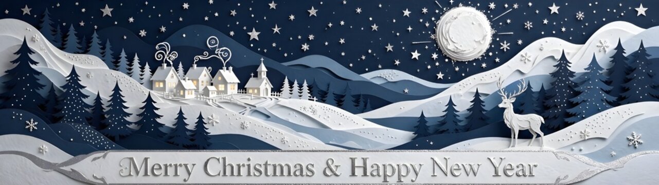 Elegant Paper Cut Style Winter Landscape Banner Featuring A Peaceful Village With Reindeer Under A Starlit Sky For Holiday Greetings