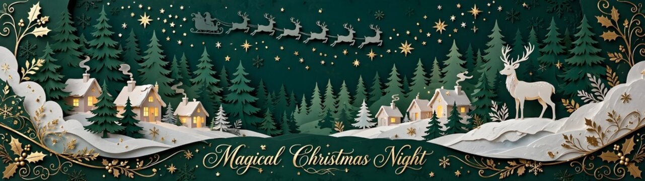 Elegant Winter Holiday Banner Featuring A Whimsical Forest Village With Glowing Cabins A Graceful Deer And Silhouette Sleigh In A Magical Starry Night Setting