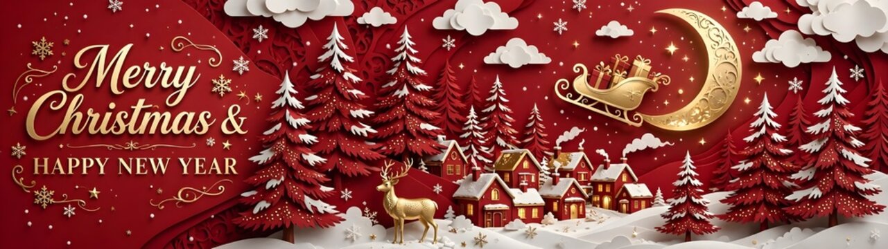 Festive Holiday Seasonal Greeting Background Featuring A Magical Paper Cut Village With Golden Sleigh And Snow Covered Pine Trees