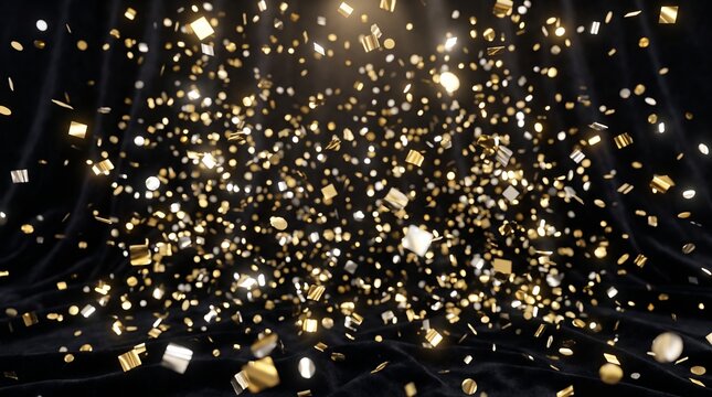 Luminous Golden Confetti Particles Scattering Over Elegant Black Fabric Background for Festive Celebrations and Luxury Event Decorations