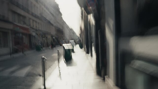 Disoriented point of view of a person running away in an urban street