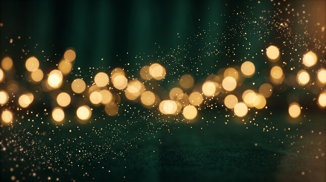 Shimmering Gold Bokeh Lights Against A Dark Teal Green Fabric Background For Elegant Festive Holiday Celebration Design Elements