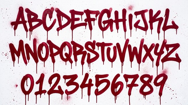 Urban street art inspired font featuring red graffiti alphabet and numbers with a dripping paint effect