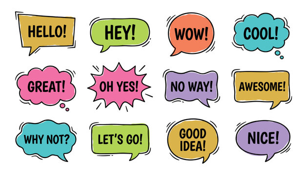 Set of colorful speech bubbles with positive text expressions in comic and pop art style vector illustration