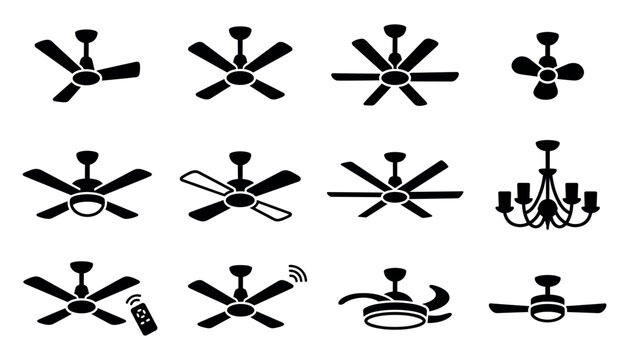 Set of ceiling fan vector icons in black silhouette for interior design and home improvement symbols