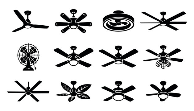 Set of black ceiling fan vectors with various styles and lighting options