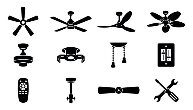 Set of ceiling fan icons, hardware, remote control, and tools in flat vector style