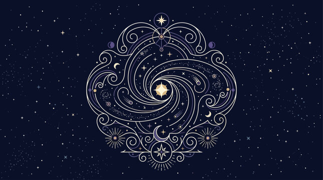 Celestial Sacred Geometry Linear Galaxy Spiral Vector Illustration Featuring Mystical Constellations, Crescent Moons, Shining Stars, and Elegant Cosmic Line Art Elements for Magic Background Design