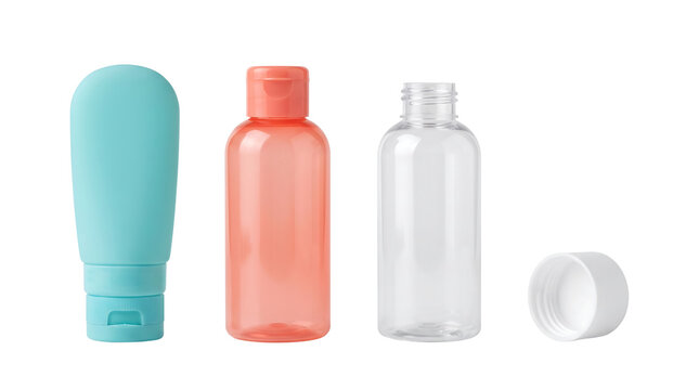 Three empty refillable travel size toiletry bottles on white background with travel bottle refillable container white background