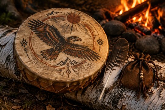 Shamanic frame drum with painted hide on birch log, spiritual and ritual tradition concept
