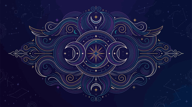 Triple Moon Goddess Sacred Geometry Celestial Vector Illustration Featuring Crescent Moons, Shining Star, Swirling Linear Waves, and Cosmic Line Art Design on Dark Galaxy Background
