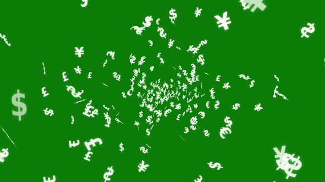 Currency symbols flying toward camera on green screen, glowing white dollar, euro, pound and yen signs bursting, finance overlay
