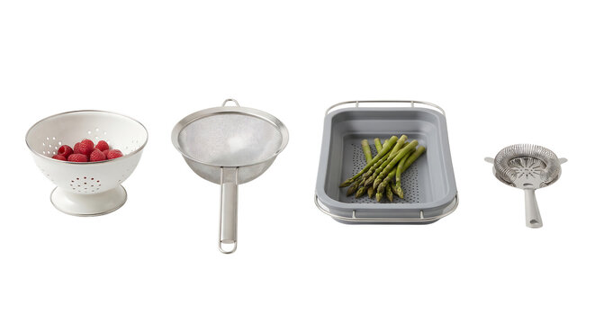 Kitchen colanders and a rectangular container with fresh asparagus white background, kitchen strainer, vegetable preparation white background