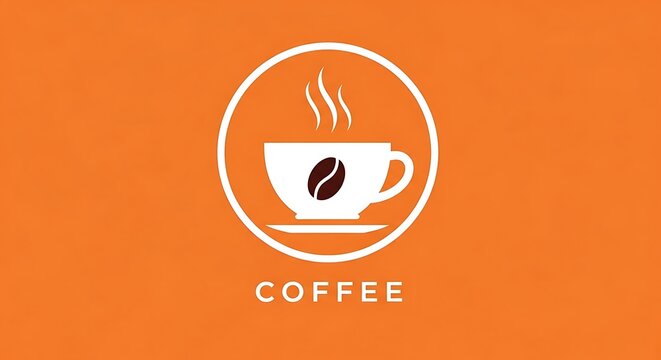 White coffee cup illustration with steaming bean on orange background