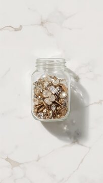 Top-down minimalist photo of a glass jar half-filled with raw sparkling gemstones on white marble. Bright studio lighting. Symbolizes intrinsic value for financial editorial design usage.