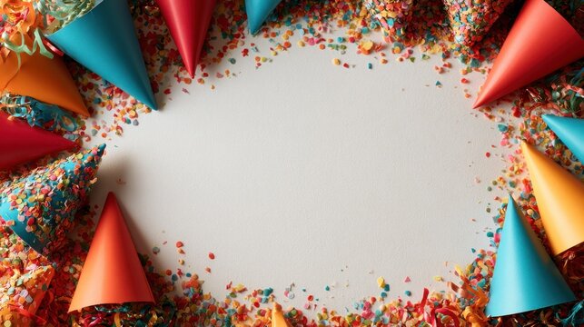 Colorful party hats and confetti border on transparent background