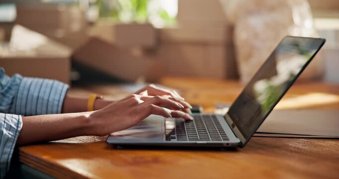 Hands, laptop and typing in startup for shipping status update, backlog dispatch and planning. Ecommerce, woman and tech in supply chain for order processing, online inventory or small business admin