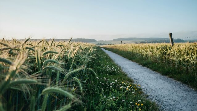 Camino rural que atraviesa un campo de trigo o cebada verde bajo la luz de la ma&ntilde;ana