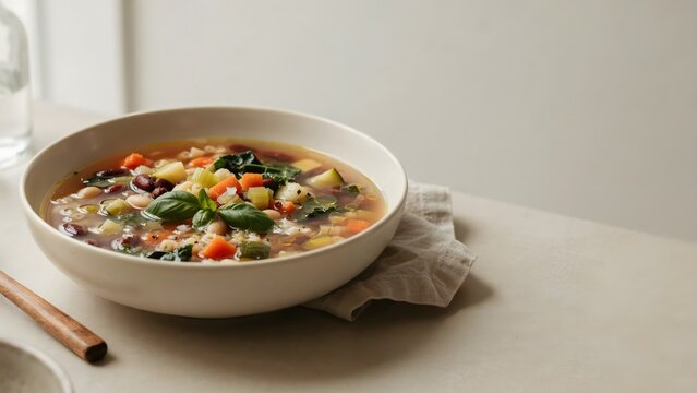 Taz&oacute;n hondo de sopa de verduras casera y saludable con albahaca fresca sobre una mesa clara