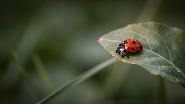 Peque&ntilde;a mariquita roja con puntos negros posada sobre una hoja verde en un entorno natural