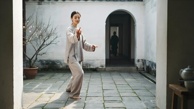 Mujer asi&aacute;tica practicando artes marciales o tai chi en el patio de una arquitectura tradicional con arcos y patio interior