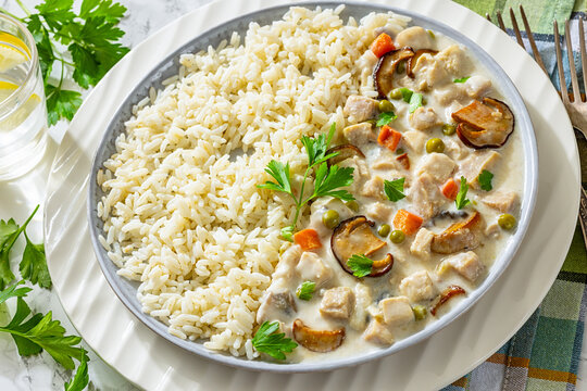 Chicken and wild mushroom stew with white rice