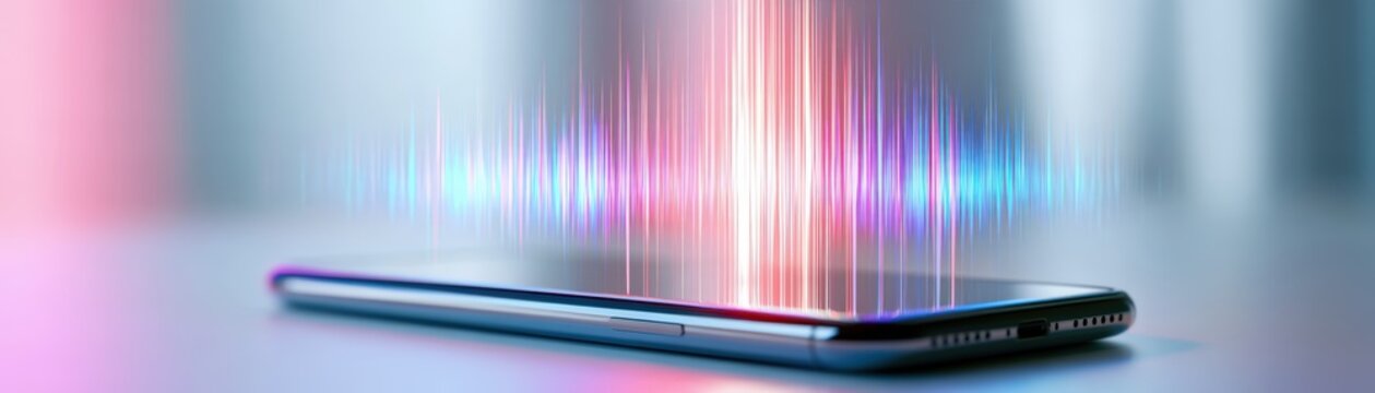 A smartphone displays colorful digital sound waves or data streams rising above it, technology, communication, and digital connectivity, agentic AI tech