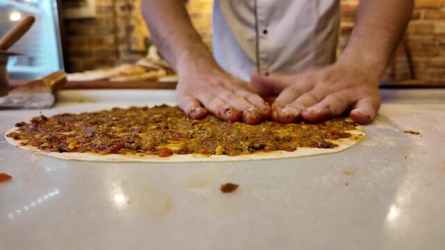 Skilled chef spreading delicious meat mixture onto thin dough for traditional turkish lahmacun.