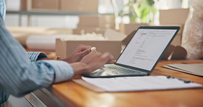 Hands, laptop and typing invoice in office, supply chain management and shipping info for delivery. Person, tech and writing dropshipping report, business quote or details for courier and package