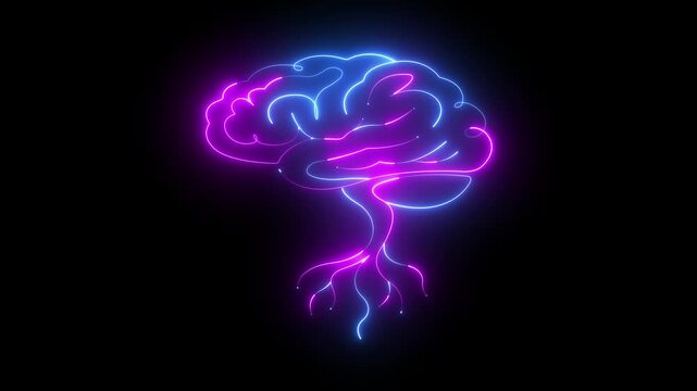 glowing neon brain tree icon isolated on black background. A creative merging the human brain and the form of a tree, symbolizing the growth of knowledge and the connection to nature. 4k video.