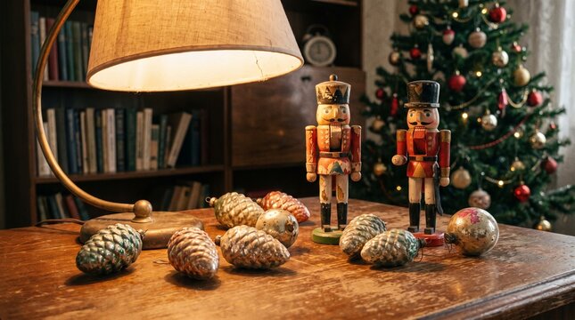 Christmas decorations with nutcrackers and ornaments on a wooden table  