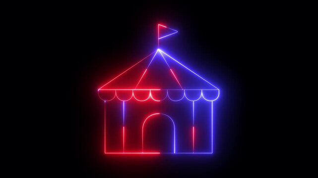 glowing neon Circus tent icon isolated on black background. carnival and entertainment events. 4k video animation.
