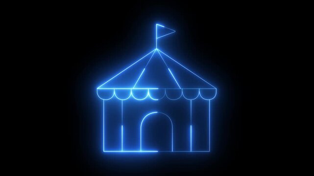 glowing neon Circus tent icon isolated on black background. carnival and entertainment events. 4k video animation.