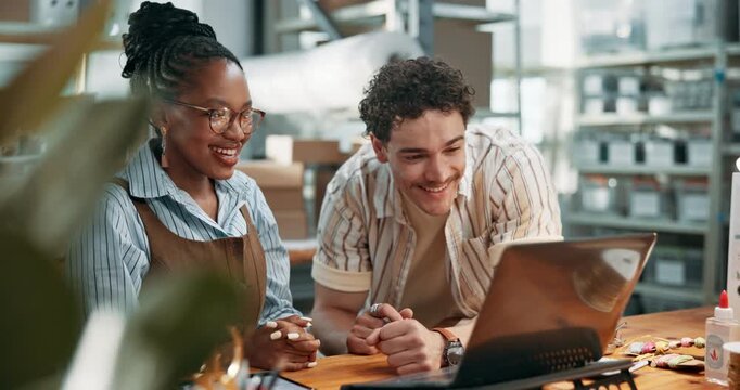 Laptop, team and happy in shipping for startup sales record, bulk order pride or low freight rate. Smile, people and good news on tech for logistics deal, backlog dispatch and small business growth