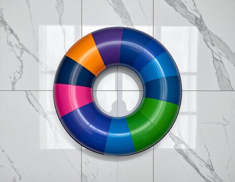 Colorful segmented rainbow ring cushion on white marble tiles. Soft play equipment for children, sensory integration toy, top view.
