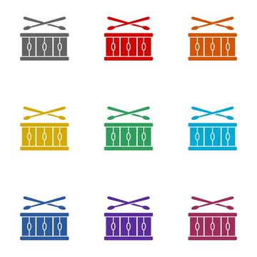 Drum with drum sticks sign icon isolated on white background. Set icons colorful