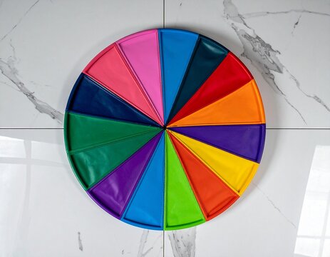 Colorful segmented rainbow ring cushion on white marble tiles. Soft play equipment for children, sensory integration toy, top view.
