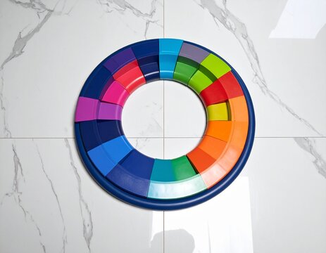 Colorful segmented rainbow ring cushion on white marble tiles. Soft play equipment for children, sensory integration toy, top view.
