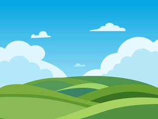 Fototapeta premium A rolling green hill under a clear blue sky with fluffy white clouds. This is a serene and picturesque landscape, evoking a sense of peace and tranquility