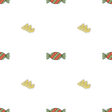 A seamless pattern of colorful candies and yellow lemon slices on a white background