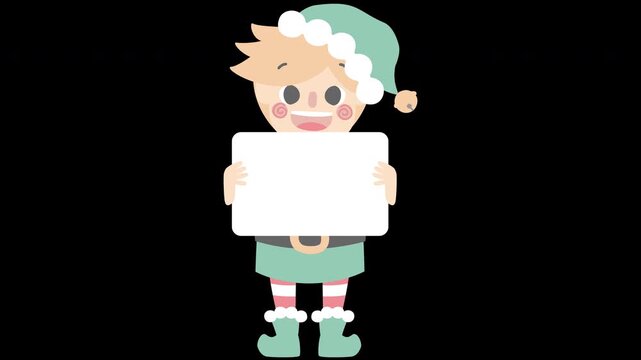 merry christmas and happy new year with cute little elf dwarf holding blank sign, overlay transparent prores 4444 4K